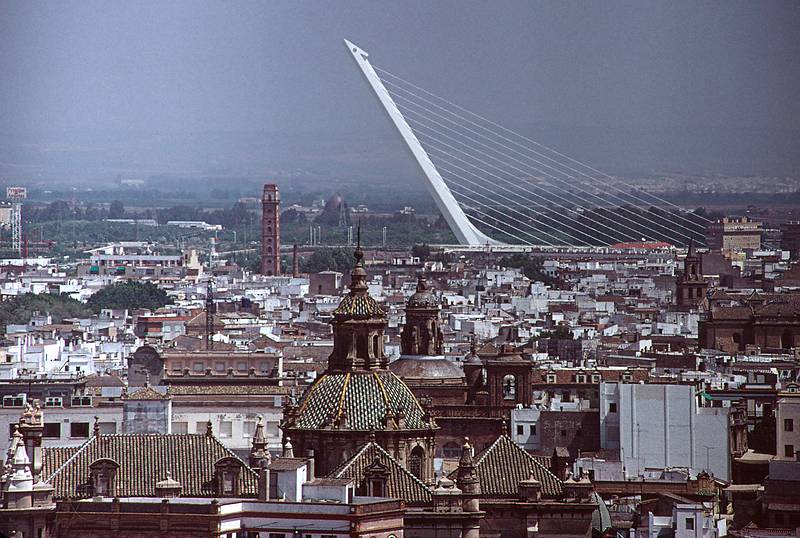 July 9, 1995 - Sevilla, Spain.<br />Views from atop La Giralda.<br />El Alamillo bridge in the distance.