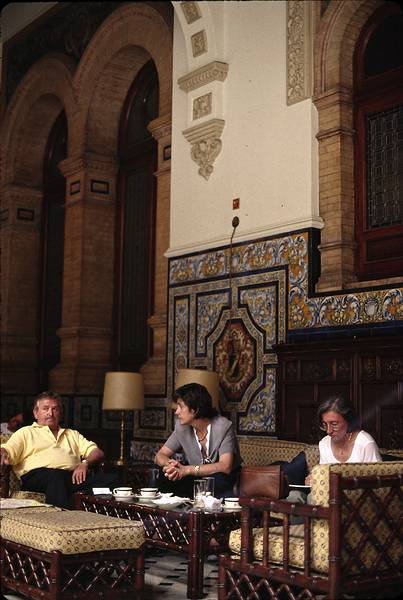 July 9, 1995 - Sevilla, Spain.<br />Salvador, Asuncin, and Joyce sitting in the Alfonso XIII Hotel.