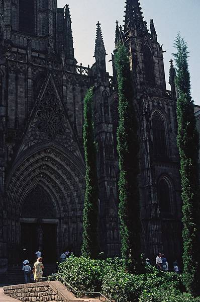July 15, 1995 - Barri Gotic (Gothic neighborhood), Barcelona, Spain.<br />Entrance to the cathedral.