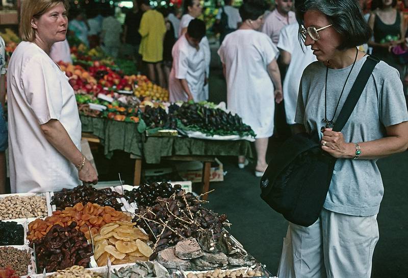 July 17, 1995 - Barcelona, Spain.<br />Joyce at the market off the Ramblas.