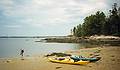 July 6, 1996 - Kayaking in Maine and camping on Beal Island, Georgetown.<br />Our kayaks and Joyce  on small beach on NE tip of MacMahan Island in Sheepscot Bay.