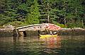 July 7, 1996 - Kayaking in Maine.<br />Egils in front of a wrecked fishing boat in cove on S. tip of Westport Island<br />(off Gooserock passage to Sheepscot River).
