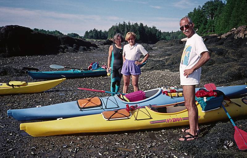 July 29, 1996 - Kayaking off Bethel Point, Brunswick, Maine.<br />Joyce, Baiba, and Ronnie on west side of Yarmouth Island.