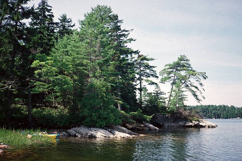 July 30, 1996 - On a small island in Inner Quahog Bay, Maine.<br />Our kayaks in the grass.