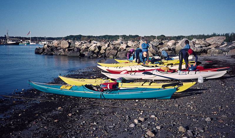 Oct. 5, 1996 - Kayaking from Rye, New Hampshire to the Isles of Shoals (and back).<br />The group's kayaks at Rye Harbor.
