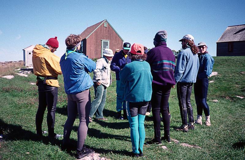 Oct. 5, 1996 - Kayaking from Rye, New Hampshire to the Isles of Shoals (and back).<br />The group around the ranger on Smuttynose Island.