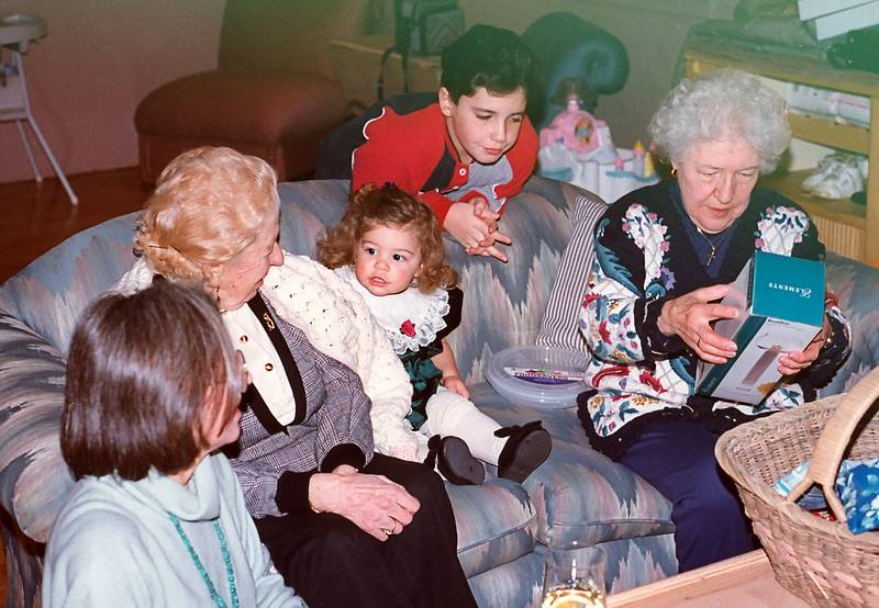Jan. 18, 1997 - At Tom and Kim's for Marie's 75th birthday, South Hampton, New Hampshire.<br />Joyce, Joanne, Marissa, TJ, and Marie.