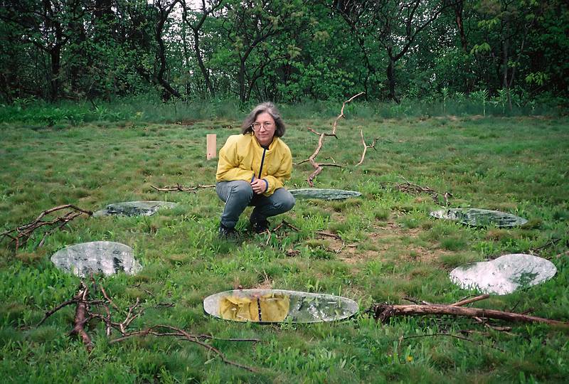 May 25, 1997 - Old Town Hill, Newbury, Massachusetts.<br />Joyce installing her exhibit (mirrors and branches) at the Parker River Festival.