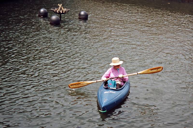 June 21, 1997 - Convergence X Festival in Providence, Rhode Island.<br />Kayaker and a fire platform on the Providence River.