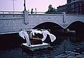 June 21, 1997 - Convergence X Festival in Providence, Rhode Island.<br />Artist and her installation on a raft on the Providence River at Crawford Street Bridge.