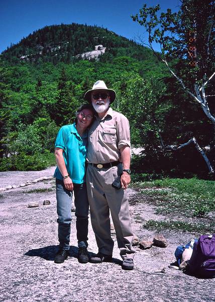 June 28, 1997 - Hika along the Dickey-Welch Trail, White Mountains, New Hampshire.<br />Joyce & Egils with Welch dome in back.