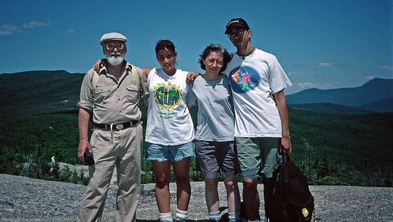 July 6, 1997 - Hika along the Dickey-Welch Trail, White Mountains, New Hampshire.<br />Egils, Melody, Joyce, and Eric atop Dickey.