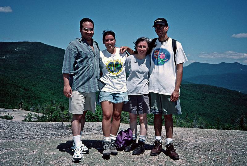 July 6, 1997 - Hika along the Dickey-Welch Trail, White Mountains, New Hampshire.<br />Carl, Melody, Joyce, and Eric atop Dickey.