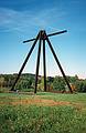 Oct. 12, 1997 - Storm King Arts Center, Mountainville, New York.<br />Joyce at the base of Mark di Suvero's 'Pyramidian', 56 feet tall.
