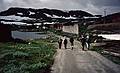 August 3, 1997 - Haugastl to Finse hike, Norway.<br />The crew entering the village of Finse.