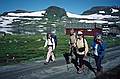 August 5, 1997 - From Finse to the Hardangerjkulen (glacier) and back, Norway.<br />Joyce, Torger, Glynis, Lynne, and Lynn heading out the village.