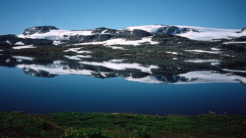 August 5, 1997 - Finse to Flm via Myrdal, Norway.<br />Glacier from our hotel window with path of our previous day's hike.