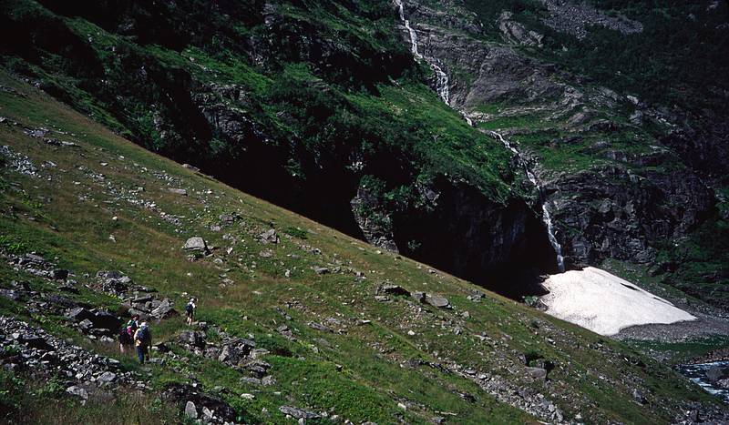 August 5, 1997 - Finse to Flm via Myrdal, Norway.<br />Snow below a waterfall (probably the remains of an avalanche).