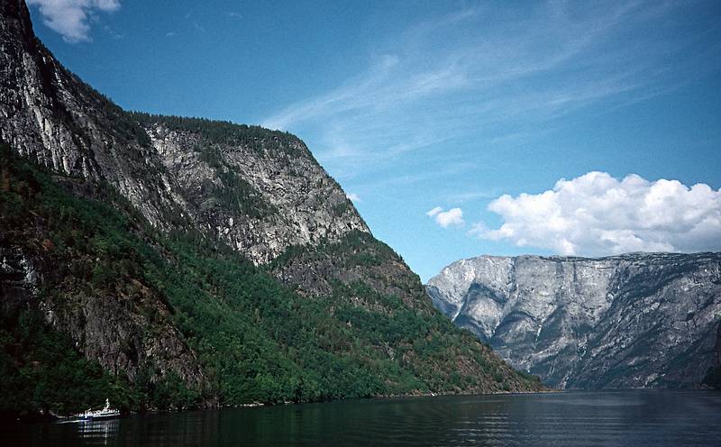 August 6, 1997 - In and around Flam, Norway.<br />A fjords tour to Gudvangen and back.<br />Looking down the Naeryfjorden.