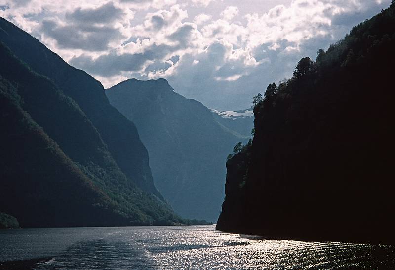 August 6, 1997 - In and around Flam, Norway.<br />A fjords tour to Gudvangen and back.<br />The steep and narrow Naeryfjorden.