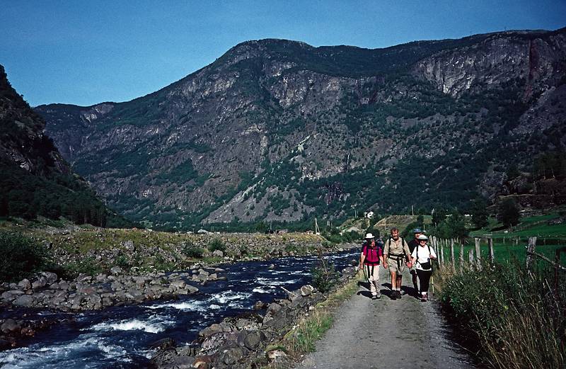 August 7, 1997 - Aurlandsdalen (Aurland valley) hike, Norway.<br />Torger holding hands with Joyce and Glynis at the start of the hike up Aurlandsdalen.