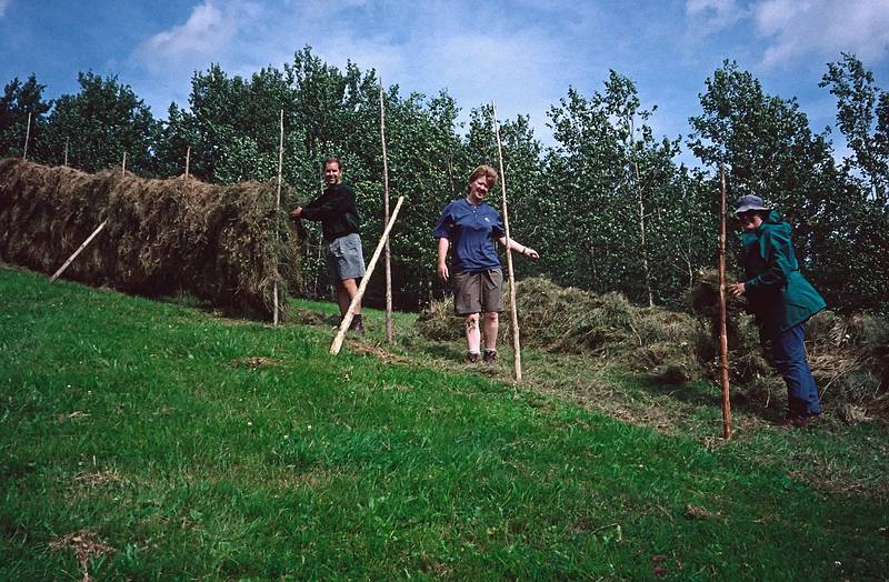 August 8, 1997 - On Torger's farm, Geilo, Norway.<br />Michael, Glynis and Lynne taking down the drying hay.
