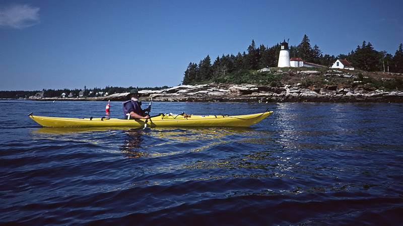 Egils, with Burnt Island Lighthouse in back.<br />Auguts 2, 1998 - Out of Lineking Bay, Boothbay Harbor, Maine.