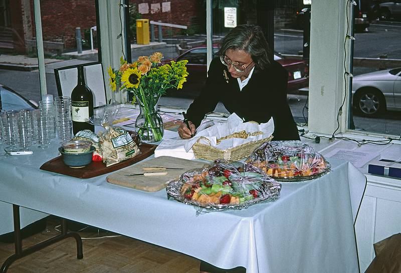 Joyce doing last minute preparations for her opening.<br />Sept. 17, 1999 - Pentucket Arts Center, Haverhill, Massachusetts.