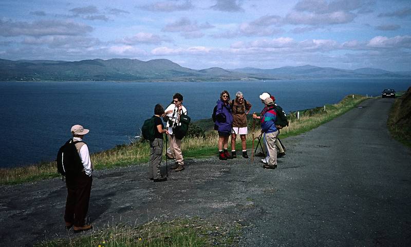 Joyce and members of the tour.<br />Start of hike on Sheep's Head peninsula along South shore of Bantry Bay.<br />August 29, 1999 (Day 1) - Bantry and environs, County Cork, Ireland.