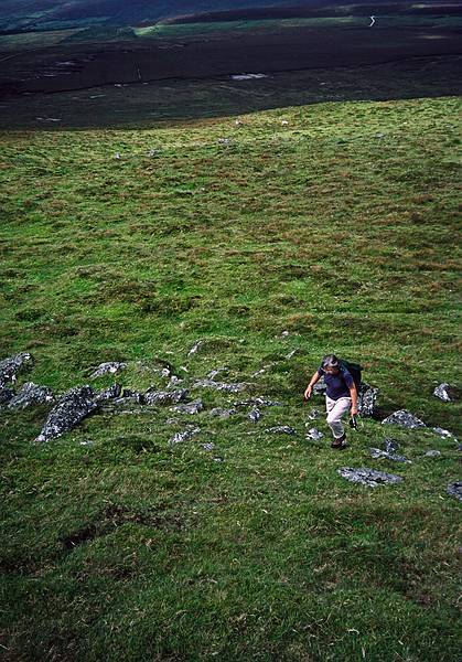 Joyce trudging to the top.<br />Hike to peat bog and on to ridge.<br />Sept. 4, 1999 (Day 7) - Nire Valley, County Waterford, Ireland.