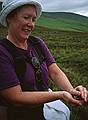 Eileen hilding a frog for the firest time, and it shows.<br />Hike to peat bog and on to ridge.<br />Sept. 4, 1999 (Day 7) - Nire Valley, County Waterford, Ireland.