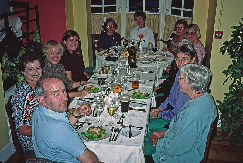 Terry, our leader, Marilyn, Eileen, Ellen, Joyce, Ann,<br />Cinthia, Nancy, Marie_Louise (hidden) Leann, and Pat.<br />The last supper of the trip.<br />Sept. 5, 1999 (Day 8) - Clonmel, County South Tipperary, Ireland.