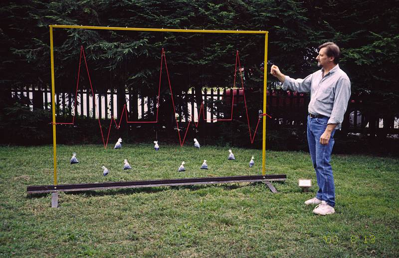 Andrew Chulyk and his "Pulse" ($1800).<br />Artists' talk at the Moses Kent House Outdoor Sculpture Exhibit.<br />August 13, 2000 - Exeter, New Hampshire.