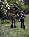 Joyce Audy Zarins and her "Antipodal Voices" ($3000).<br />Artists' talk at the Moses Kent House Outdoor Sculpture Exhibit.<br />August 13, 2000 - Exeter, New Hampshire.
