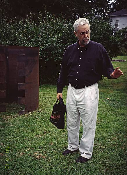 David Raymond and his "Caravaggio" ($7500).<br />Artists' talk at the Moses Kent House Outdoor Sculpture Exhibit.<br />August 13, 2000 - Exeter, New Hampshire.