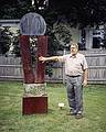 John M. Weidman and his "Trilogy of Parting" ($11000).<br />Artists' talk at the Moses Kent House Outdoor Sculpture Exhibit.<br />August 13, 2000 - Exeter, New Hampshire.