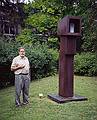 John M. Weidman and his "Enigmatic Dream" ($17000).<br />Artists' talk at the Moses Kent House Outdoor Sculpture Exhibit.<br />August 13, 2000 - Exeter, New Hampshire.