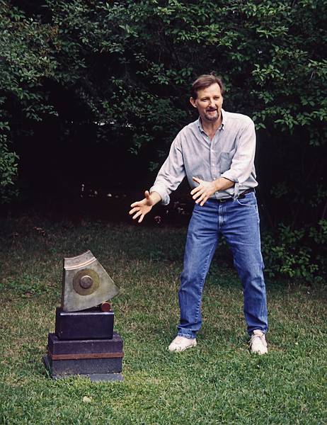 Andy Chulyk and his "Jacob's Pillow" ($2400).<br />Artists' talk at the Moses Kent House Outdoor Sculpture Exhibit.<br />August 13, 2000 - Exeter, New Hampshire.