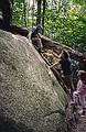 Joyce being helped down from the rock by Tom and Paul while Marissa watches.<br />August 18, 2000 - Camping at White Lake State Park, West Ossipee, New Hampshire.