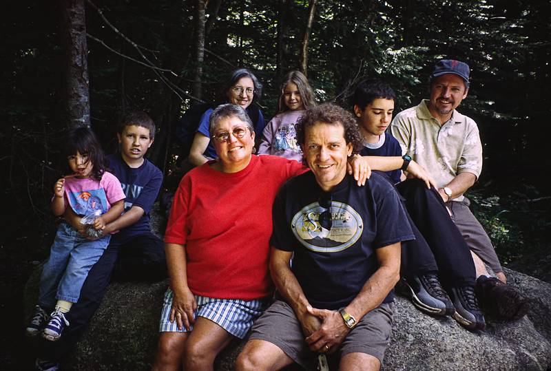 Arianna, Michael, Norma, Joyce, Marissa, Paul, TJ and Tom<br />sitting on a rock at the end of the hike.<br />August 18, 2000 - Camping at White Lake State Park, West Ossipee, New Hampshire.