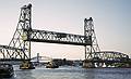Memorial Bridge with center span raised to let a tugboat through.<br />August 27, 2000 - Portsmouth, New Hampshire.