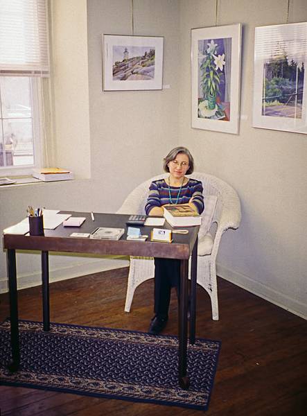 Joyce tending shop.<br />Joint exhibit of Joyce's sculpturtes and Audrey Bechler's paintings.<br />Sept. 17, 2000 - Newburyport Art Association, Newburyport, Massachusetts.