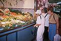July 7, 2000 - Barcelona, Spain.<br />Memere Marie, Joyce, and Baiba admiring a seafood stand<br />at the Mercat de Sant Josep off the Ramblas.
