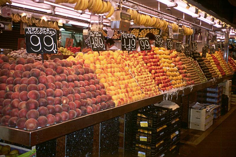 July 7, 2000 - Barcelona, Spain.<br />Fruit stand at the Mercat de Sant Josep off the Ramblas.