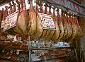 July 7, 2000 - Barcelona, Spain.<br />Ham stand at the Mercat de Sant Josep off the Ramblas.