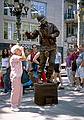 July 11, 2000 - Barcelona, Spain.<br />Marie saluting a human sculpture (Marie is a WWII veteran).
