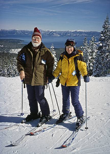 Egils and Joyce with Lake Tahoe in back.<br />Jan. 17, 2001 - Alpine Meadows ski area, Tahoe City, California.