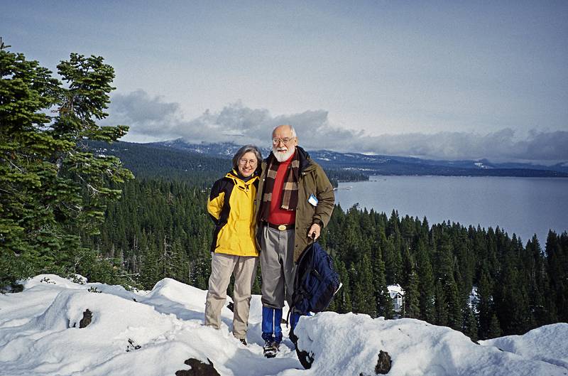 Joyce and Egils with Lake Tahoe in back.<br />Jan. 19, 2001 - Eagle Rock Outlook at Tahoe Pines off CA-89.