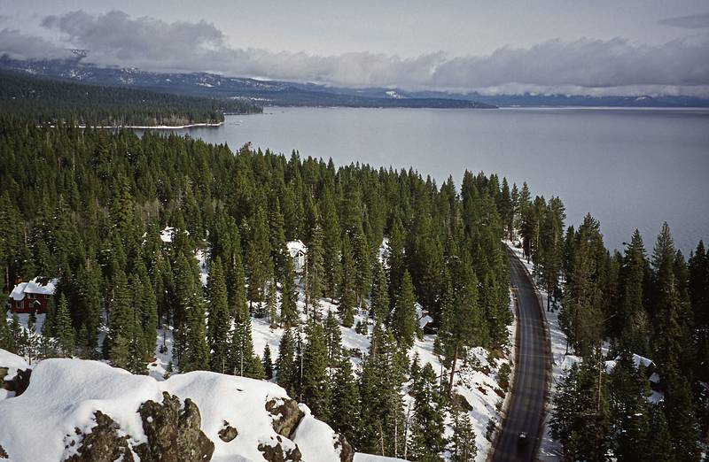 Highway CA-89 below and next to Lake Tahoe.<br />Jan. 19, 2001 - Eagle Rock Outlook at Tahoe Pines off CA-89.