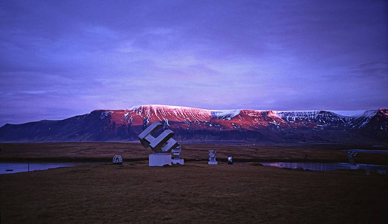 Outdoor sculptures at Grafarvogur Sculpture Park with Mount Esja in the back.<br />Jan. 26, 2001 - Vicinity of Reykjavik, Iceland.